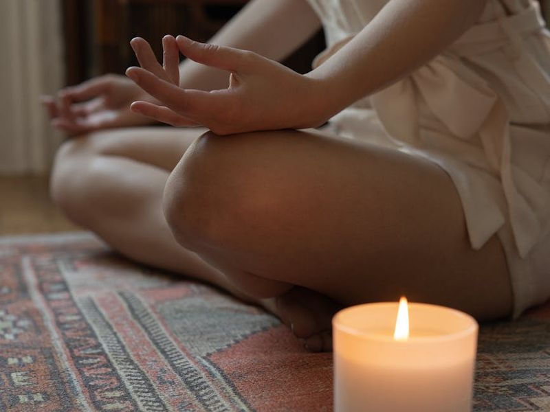Yoga studio interior with soft blue ambient lighting